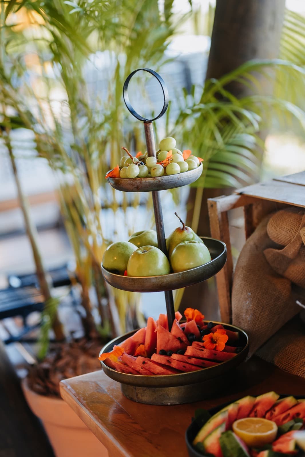 Andares de frutas frescas e morangos na estação de recepção